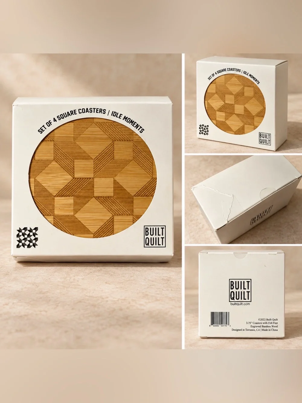 NIB - Built Quilt Idle Moments Bamboo Wood Coasters Set of 4 Geometric Pattern.